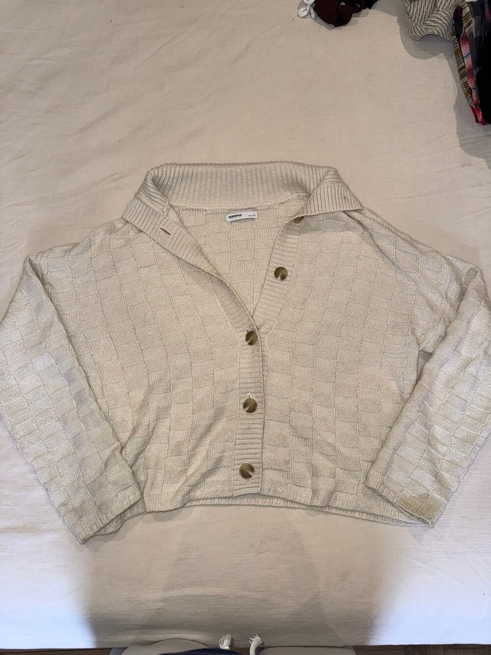 Cream Textured Button Front Knit Cardigan Sweater Size Large